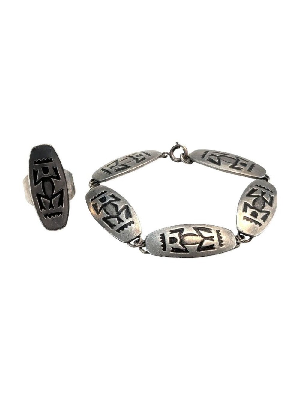 Jörgen Jensen Pewter "Frog" Bracelet and Ring Set circa 1960, 8 inches
